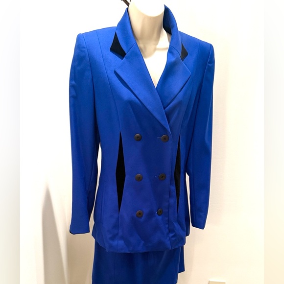Vintage Escada Jacket & Skirt set suit. cobalt blue with black velvet accents
